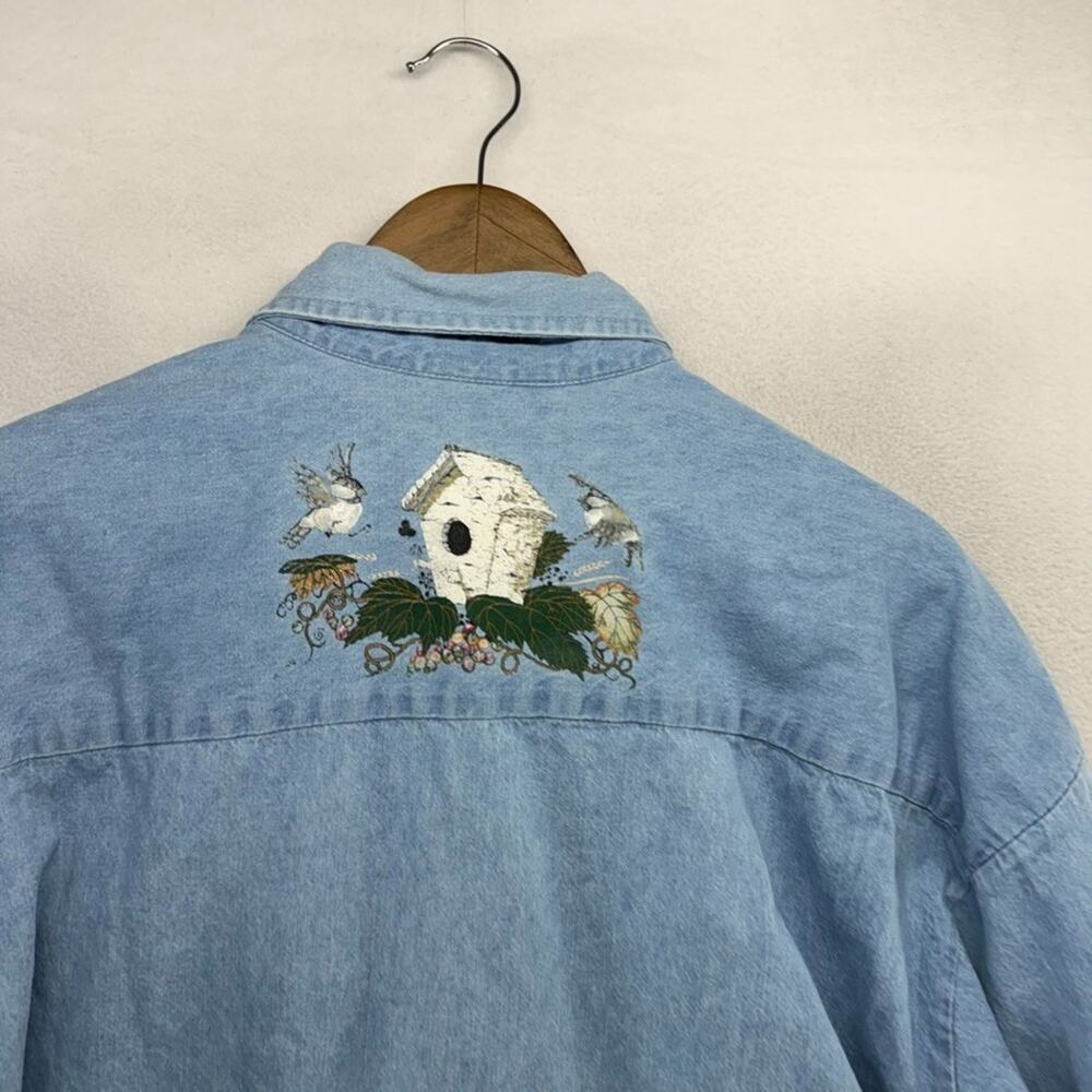 Vintage Birds Denim Shirt Adult XL Blue Birdhouse Light USA Grandma Cottage 90s - Picture 9 of 10